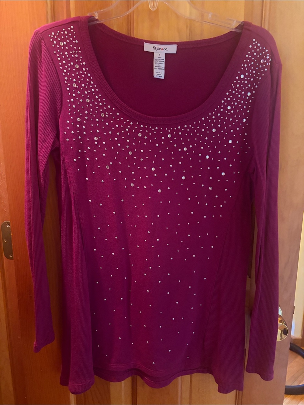 Women’s Long Sleeve Embellished Scoop Neck Top - Plum